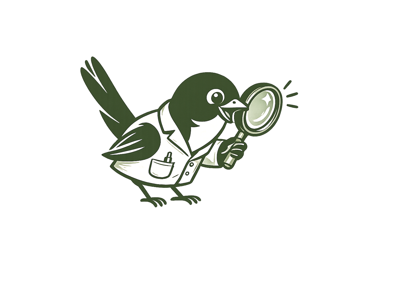Wren in a lab coat inspecting results with a magnifier