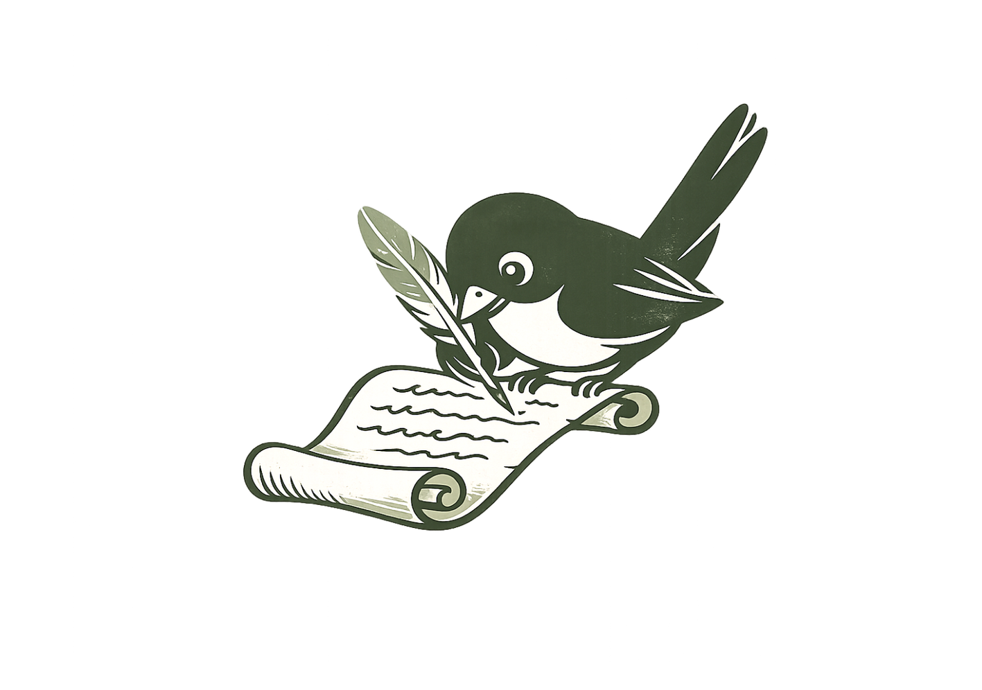 Wren writing with a quill on a scroll